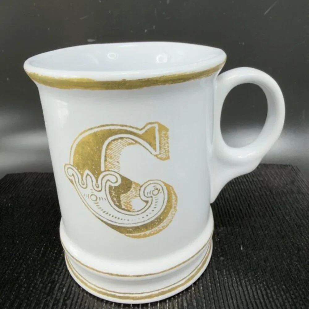 Williams Sonoma Brushed Gold Monogram Letter C Ceramic White Gold Coffee Mug Cup